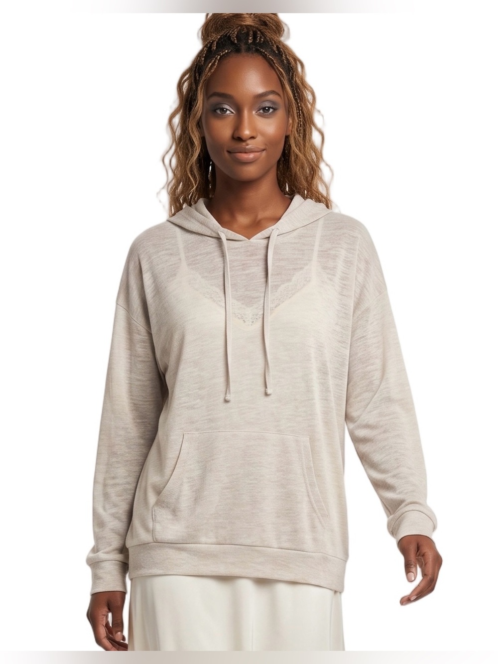 WEATHERPROOF Tan Lightweight Long Sleeve Semi sheer Pullover Hoodie Boxy fit M